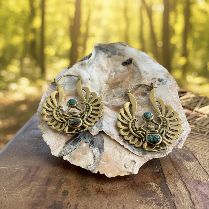 Brass winged scarab hoop earrings with Abalone shell inlay