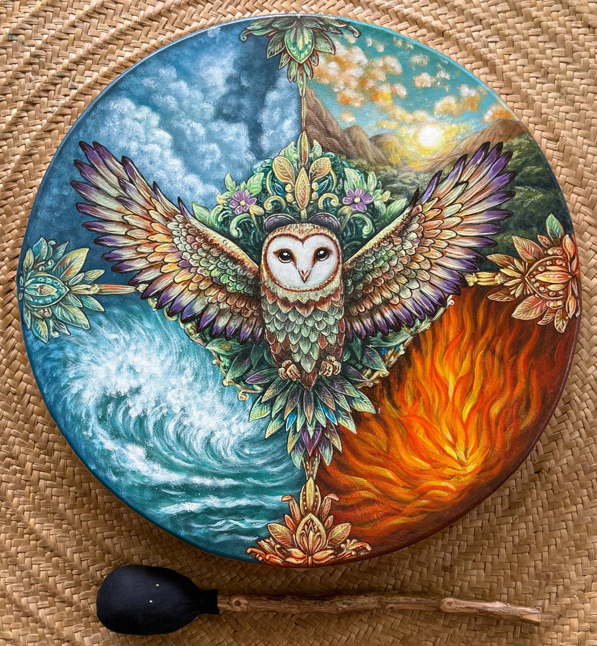 Hand-Painted Shamanic Drum - Owl with bag and beater