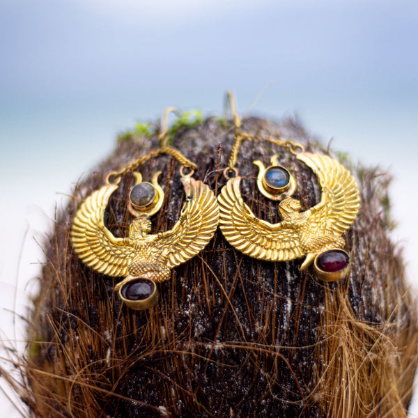 Brass Isis Earrings with Labradorite and Amethyst