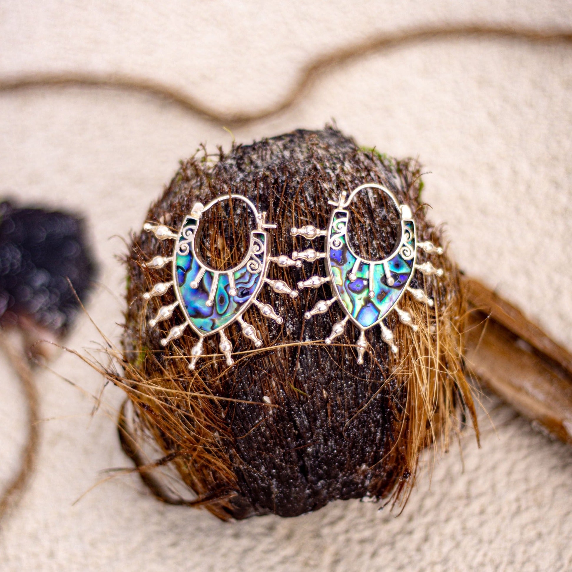 Abalone Tribal Earrings with White Brass