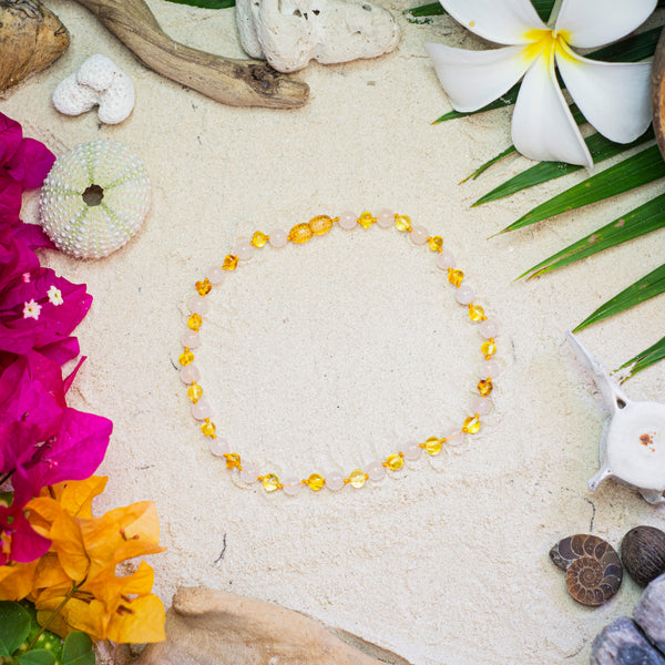 Amber Teething Necklace with Rose Quartz